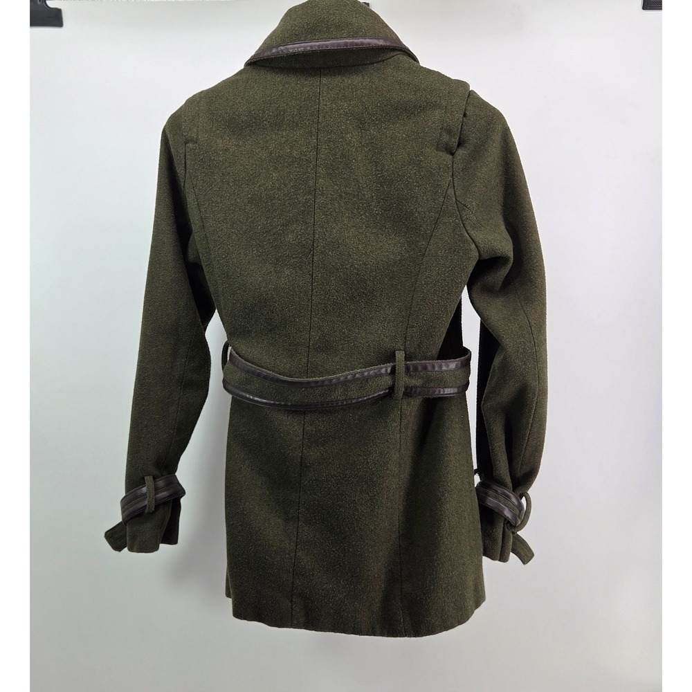 J.J. Basics Women's Large Green Double Breasted Wool Blend Coat Faux Leather - Picture 11 of 12